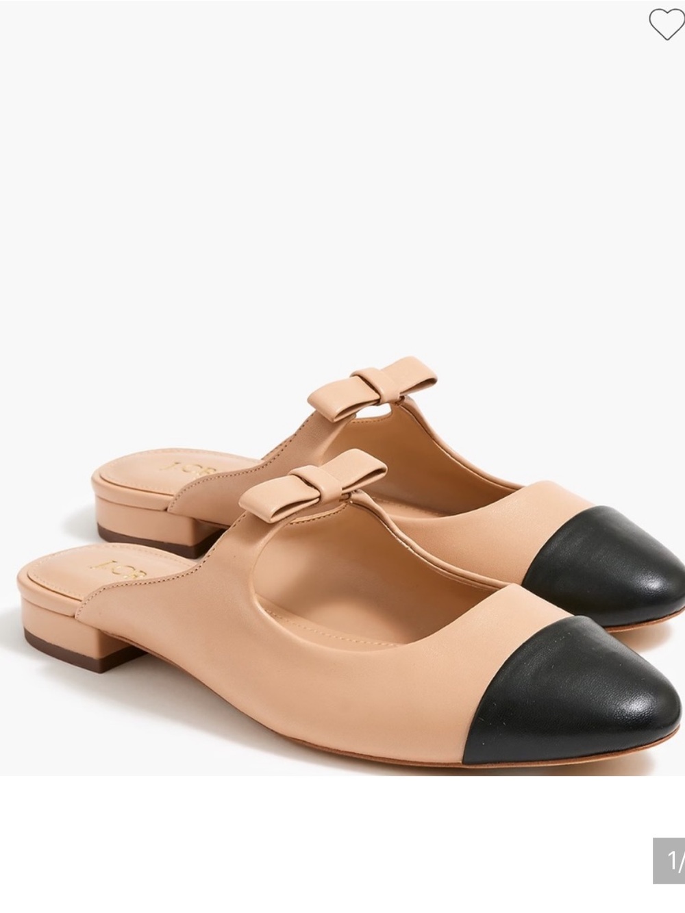 J. Crew Tan Leather Mule with Black Cap Toe and Bow